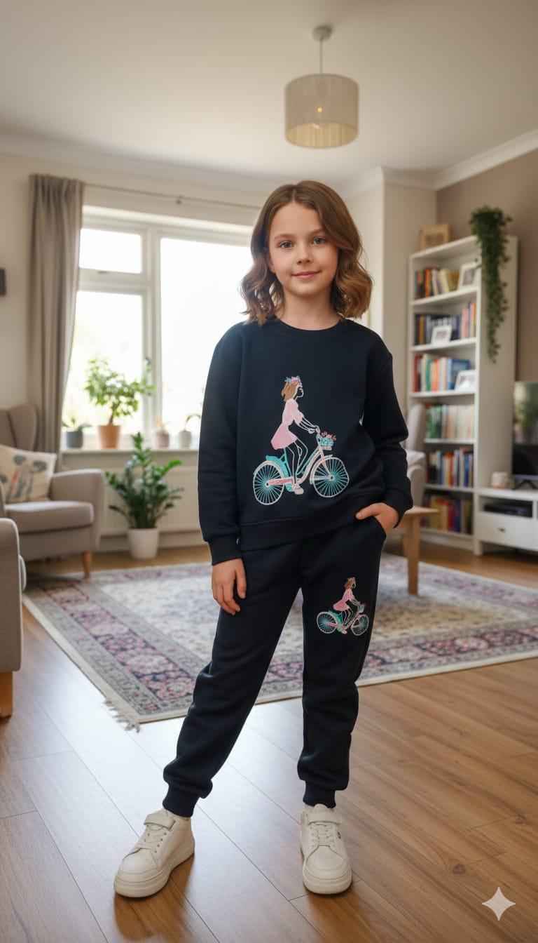 Doll with bicycle Navy Embroidery Track suit- Girls