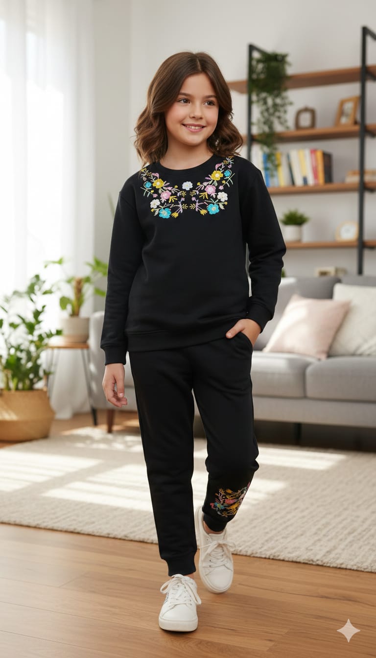 Multi Color Gala Embroidery Black Track Suit- Girls ( R-101 )