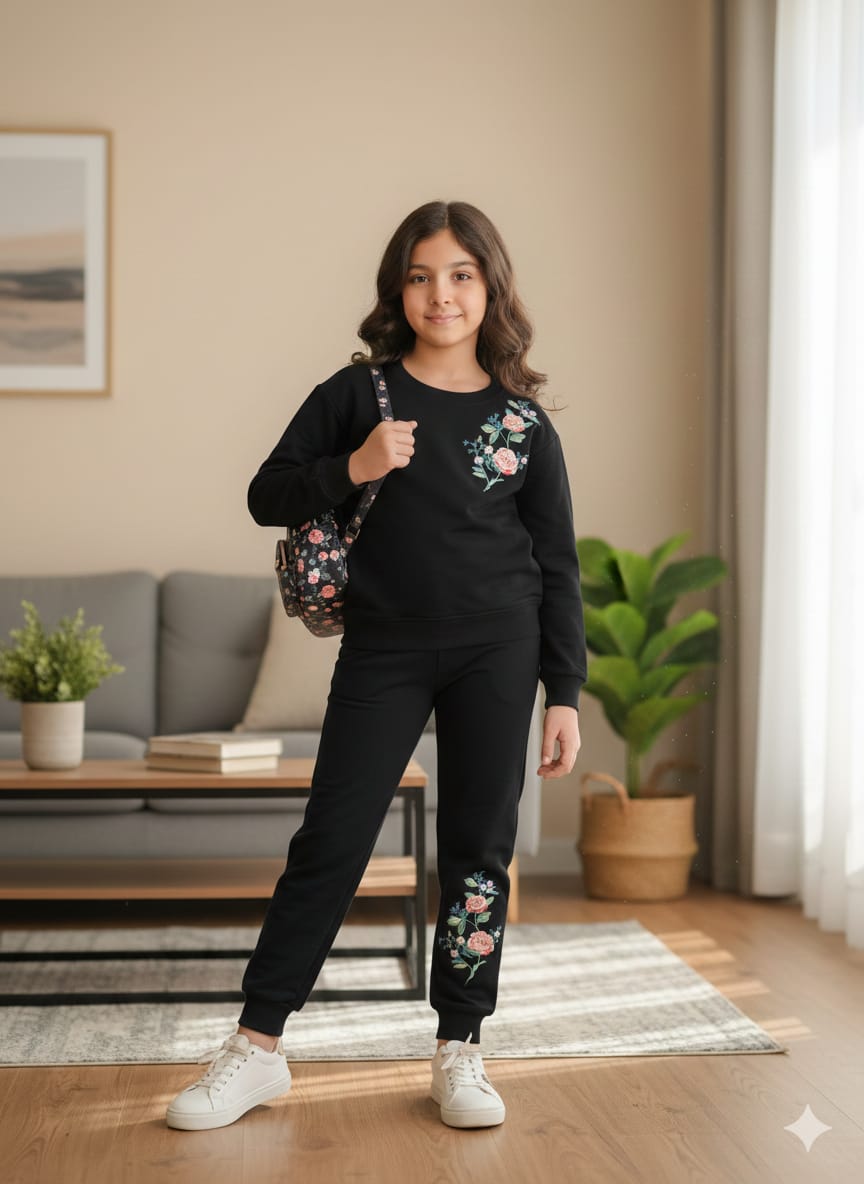 Rose Embroidery left side Black Track suit- Girls