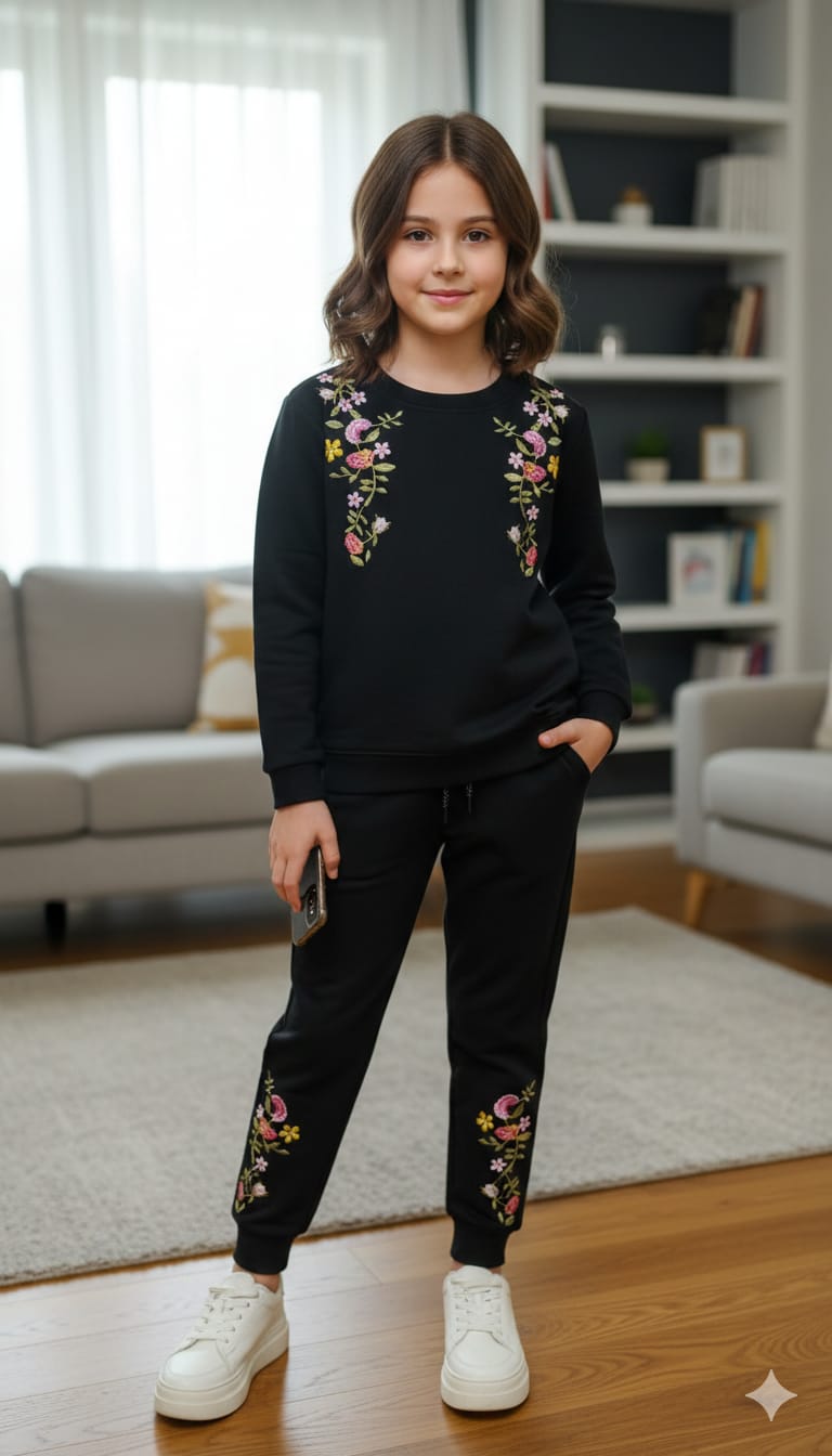 Two Side Embroidery Black Track suit- Girls