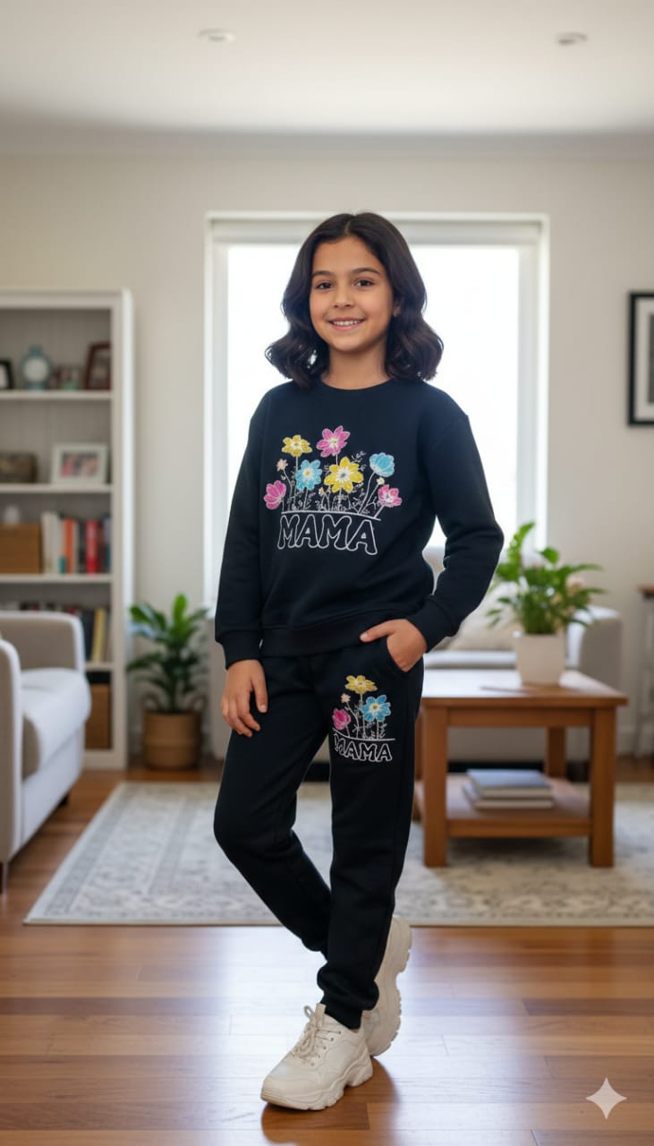 MAMA Print Embroidery Track suit- Girls