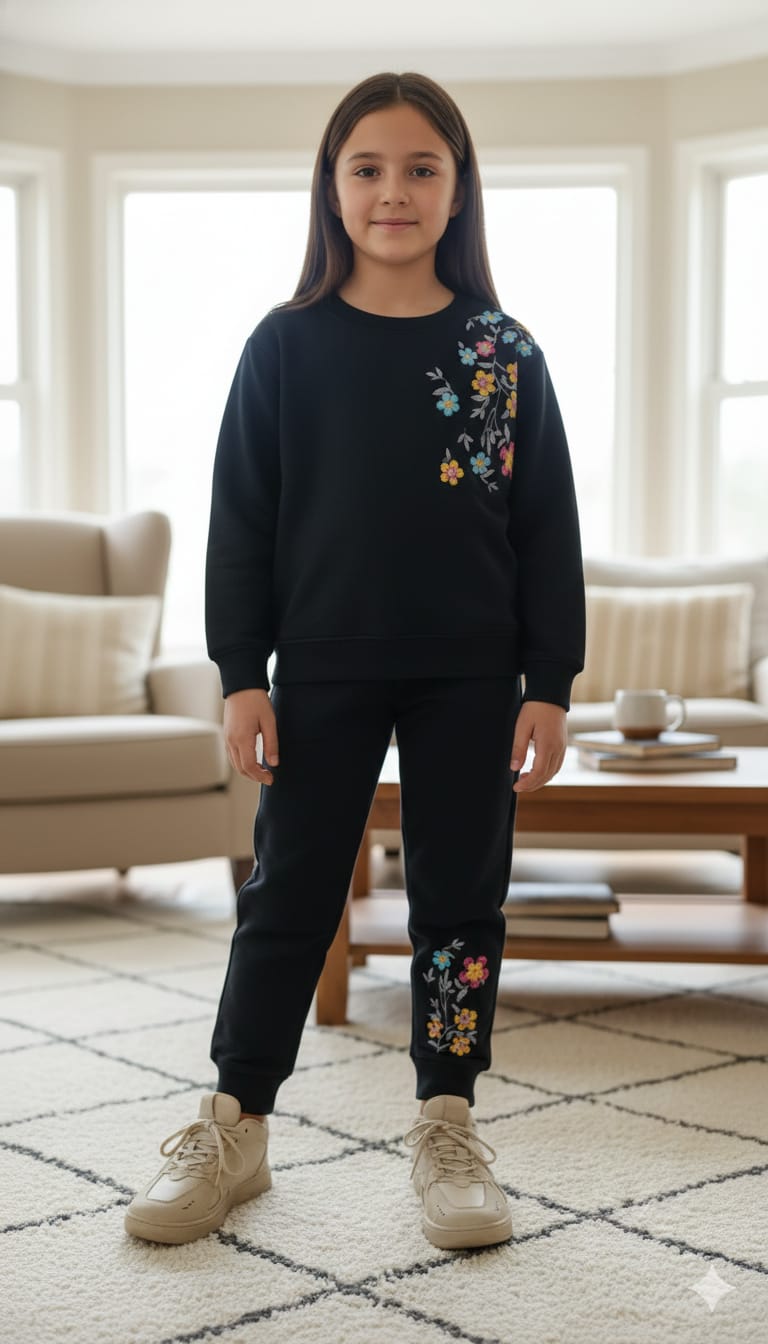 Multi Flowers left side Embroidery Track suit- Girls