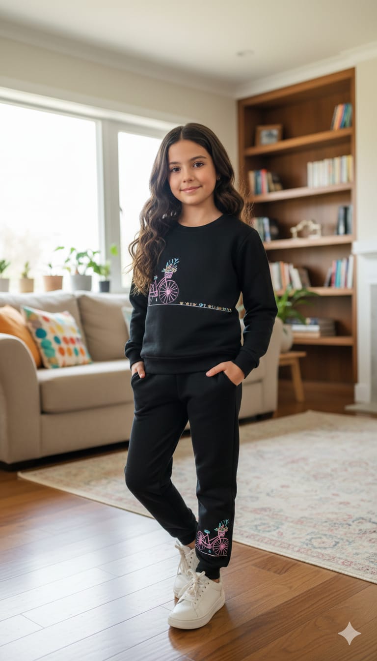 Bicycle Embroidery Black Track Suit- Girls (R-5 )