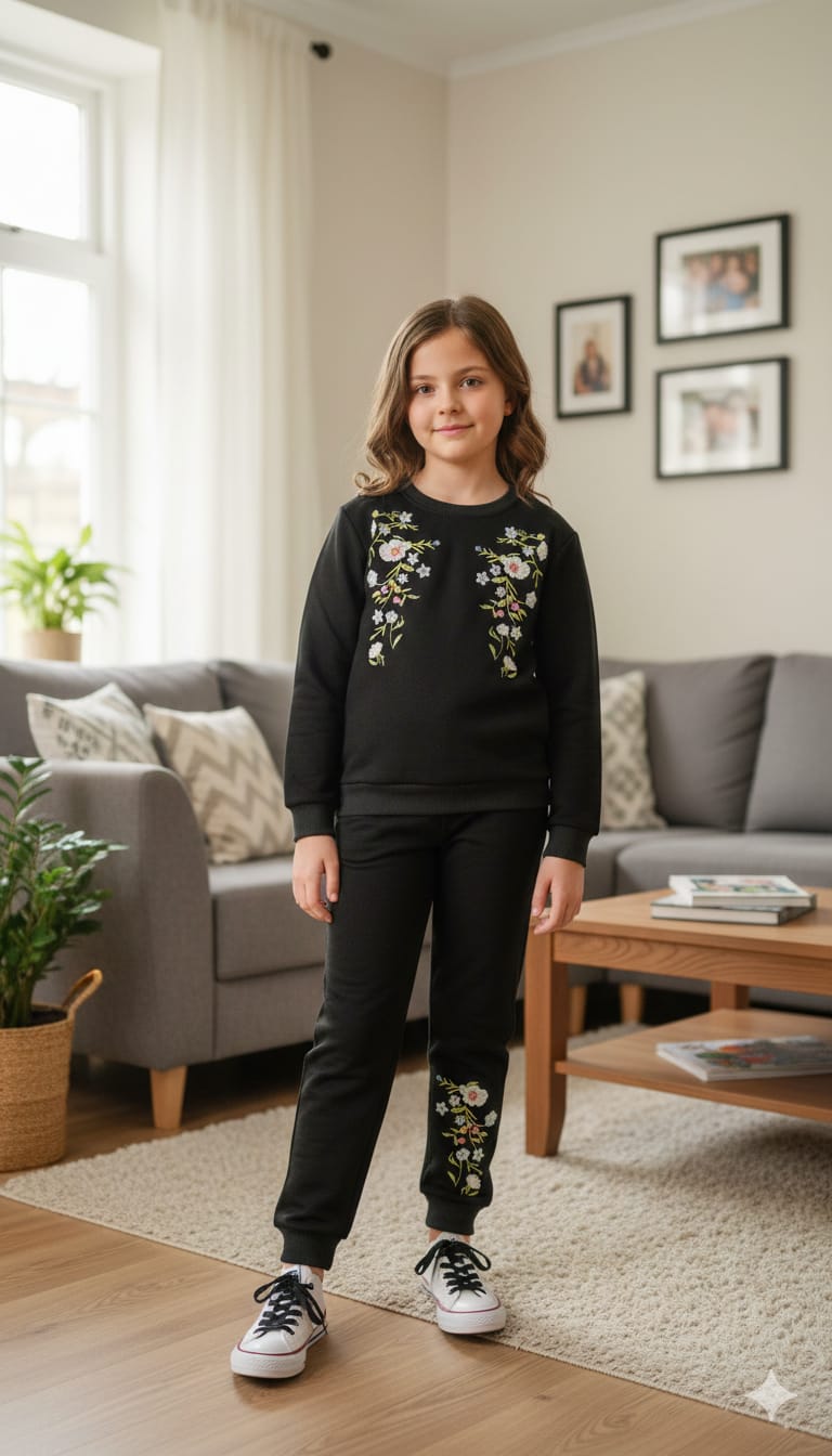 Two Side Embroidery Black Track suit- Girls