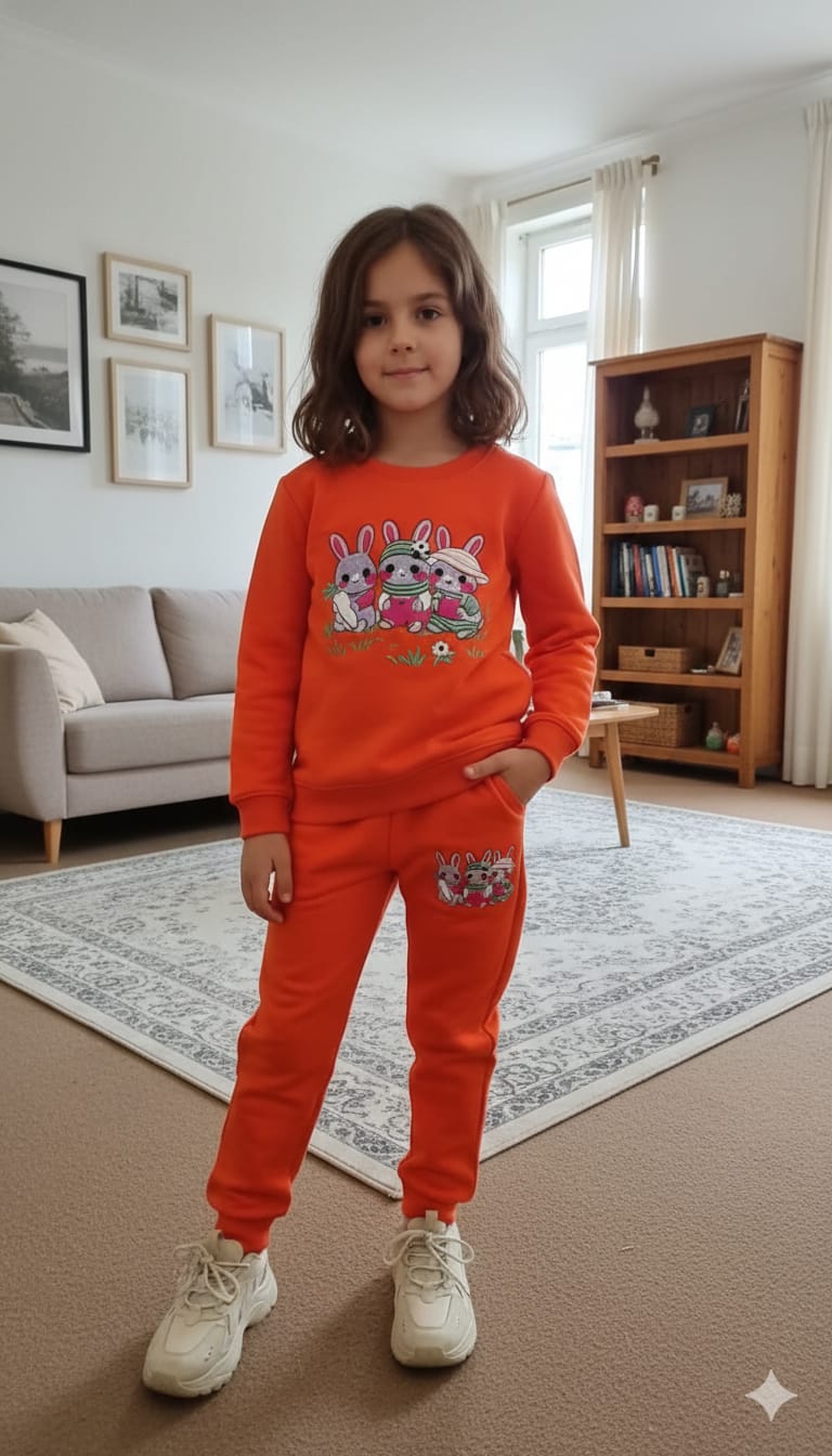 Rabbit print orange embroidery track suit- Girls(R-5)