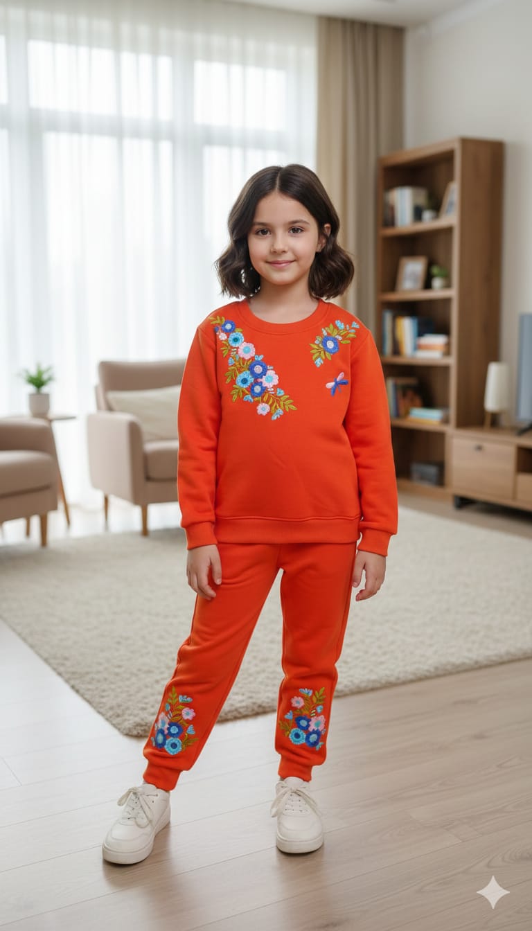 Floral Embroidery orange track suit-Girls