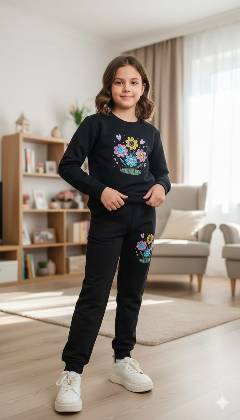 Multi Color Sun Flowers Black Track Suit- Girls( R-5 )