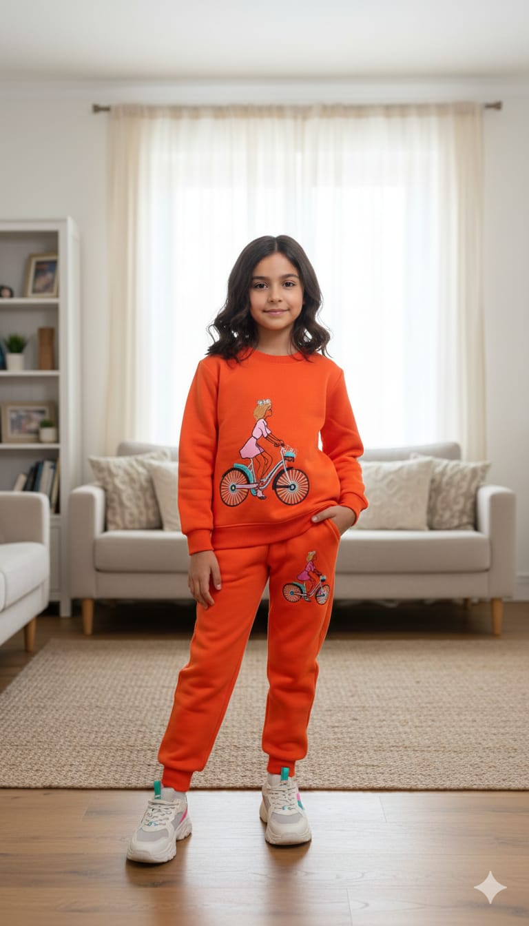 Doll With Bicycle Embroidery Track suit- Girls