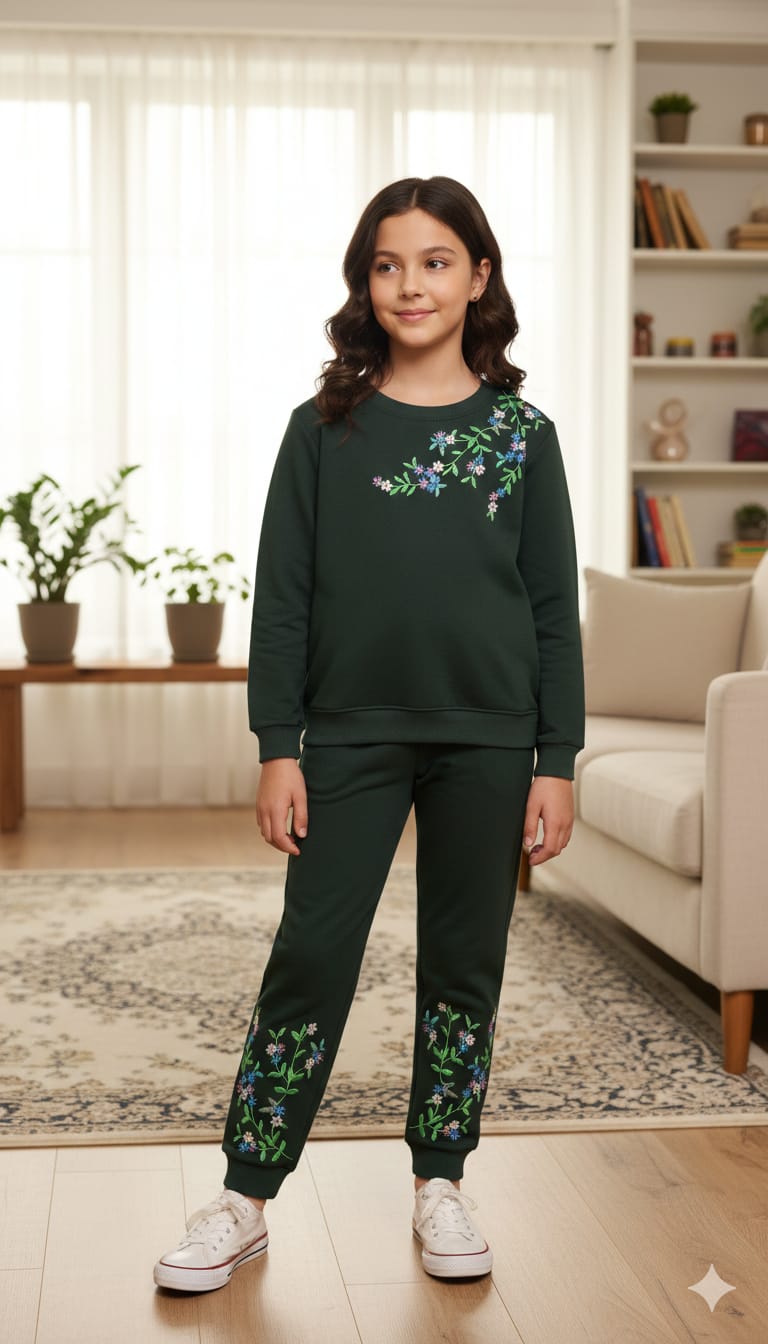 Left Side Embroidery Black Track suit- Girls