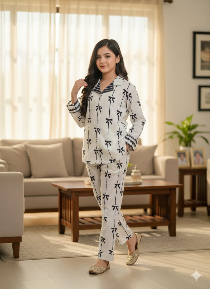 Bow Print White Collar Pairs Girls