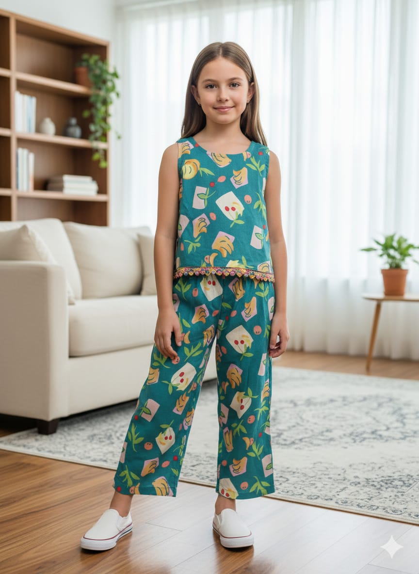 Fruit Print Sleeveless C-Green Frock Pairs- Girls