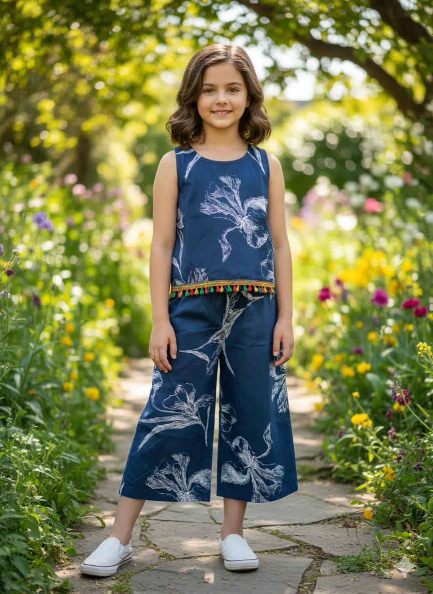 White Flower Sleeveless Navy Frock Pairs Girls
