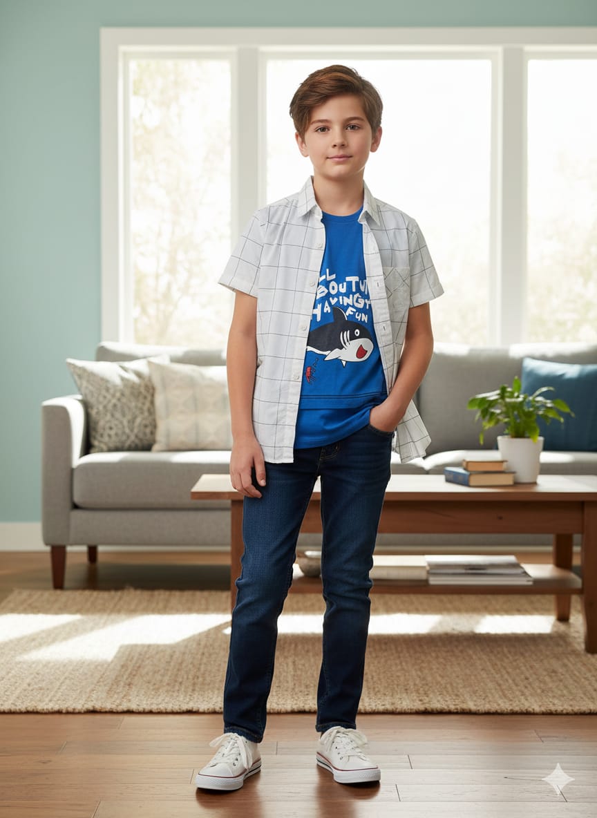 Fun Blue Inner White Check D/Casual Shirt Boys