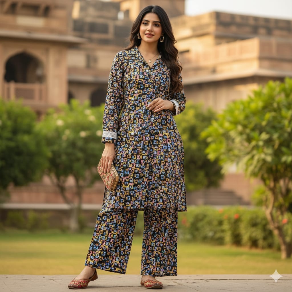 Floral Print Black Collar Suit Women