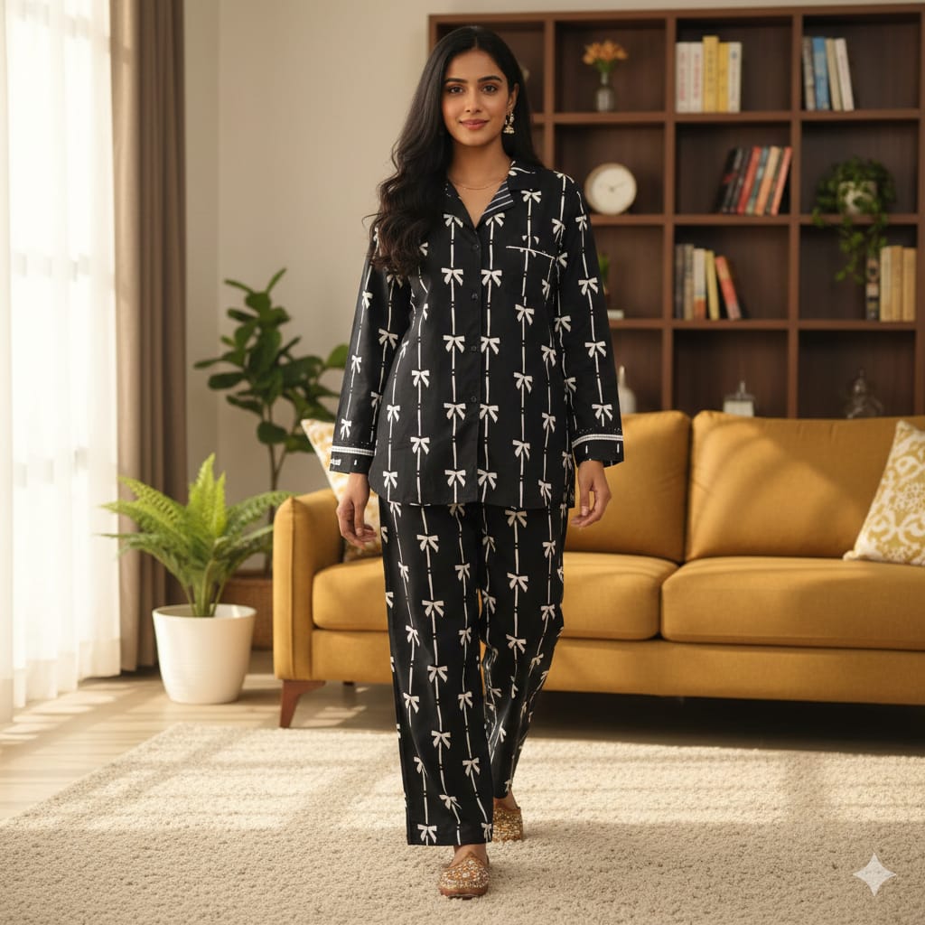 Bow Print Black Collar Suit Women