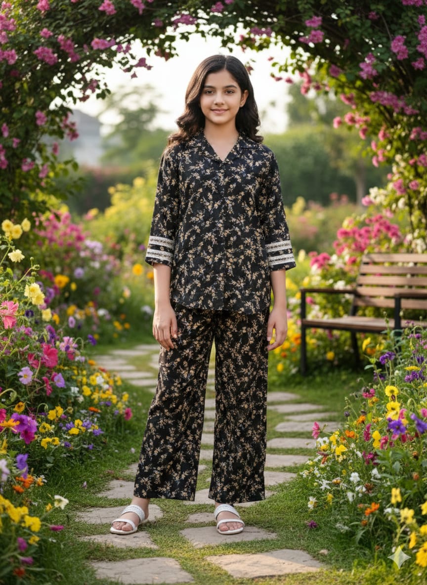 Yellow FLower All Over Print Black Collar Pairs Girls