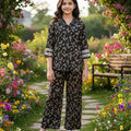 Yellow FLower All Over Print Black Collar Pairs Girls ( R-119 )