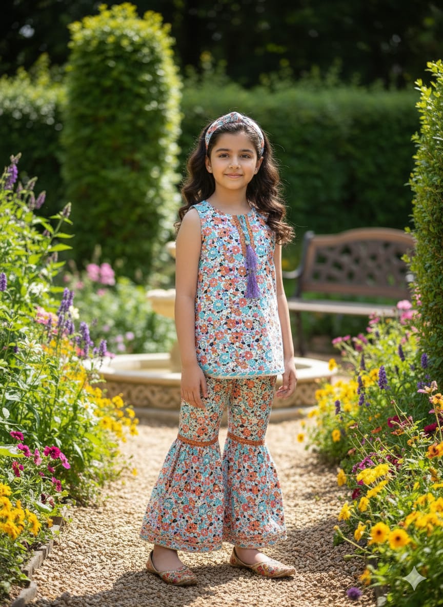 Orange & Sky Flower All Over Print White Gharara Suit Girls ( R-120 )