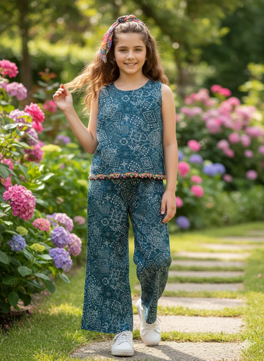 Square Shape Print Sleeveless Navy Frock Pairs- Girls