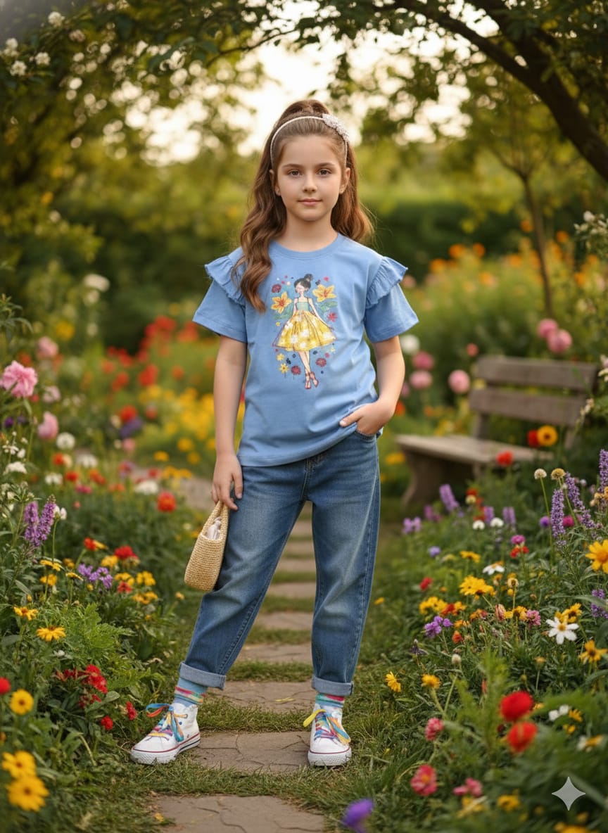 Doll With Flower Sky T-shirt- Girls ( R-207 )