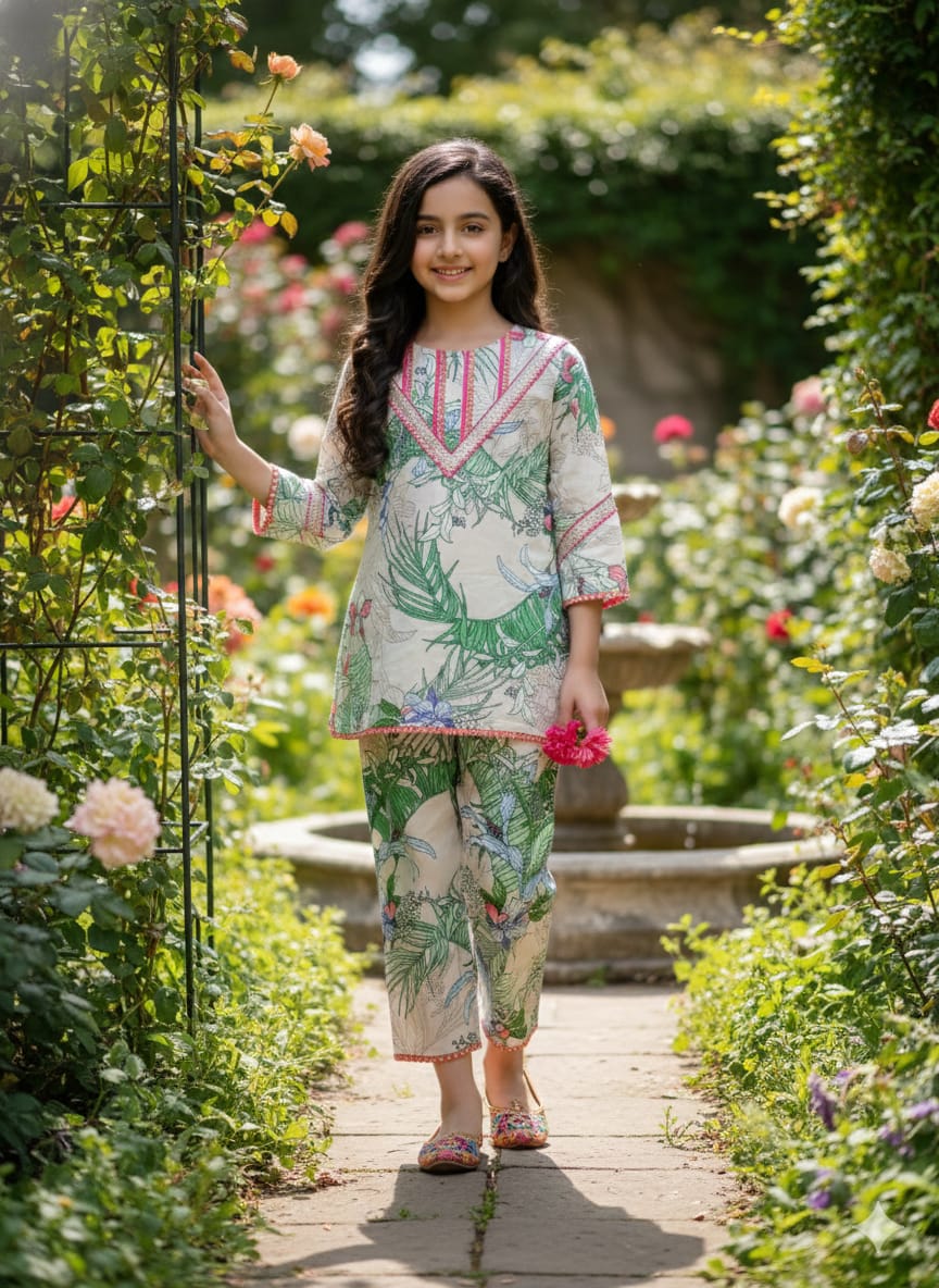 Green Leaves All Over Print Neck Lase Skin Pair Girls ( R-201 )