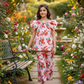 Red Rose All Over Print Peach Skirt Suit Girls ( R-118 )