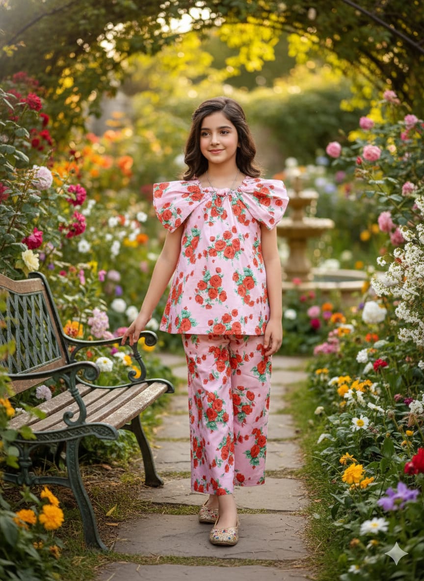 Red Rose All Over Print Peach Skirt Suit Girls ( R-118 )