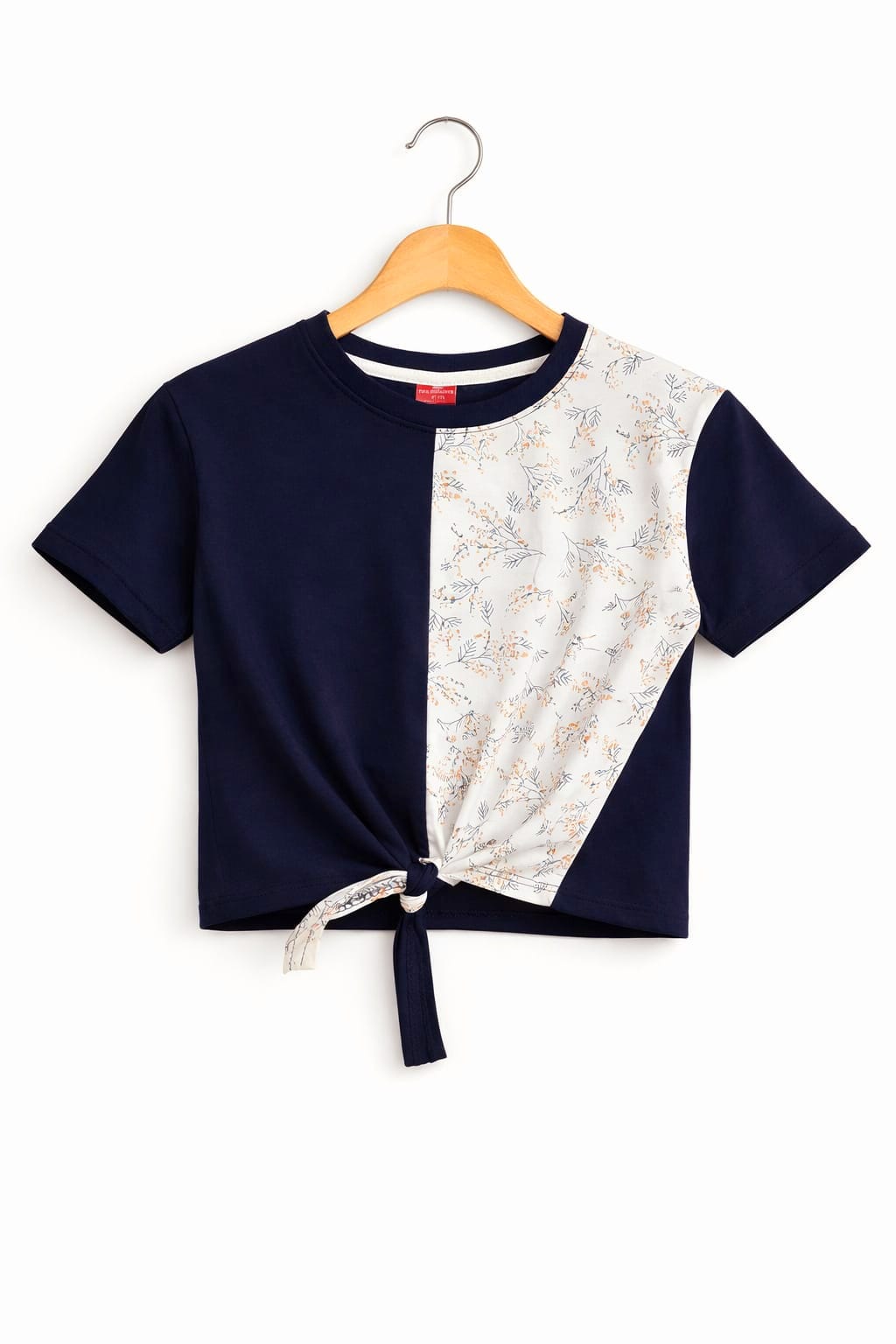 Plain & Side Cherry Print Navy T-shirt- Girls ( R-111,331 )