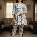 Blue Flower All Over Print Left & Side Lase Cream Suit Women ( R-373N )