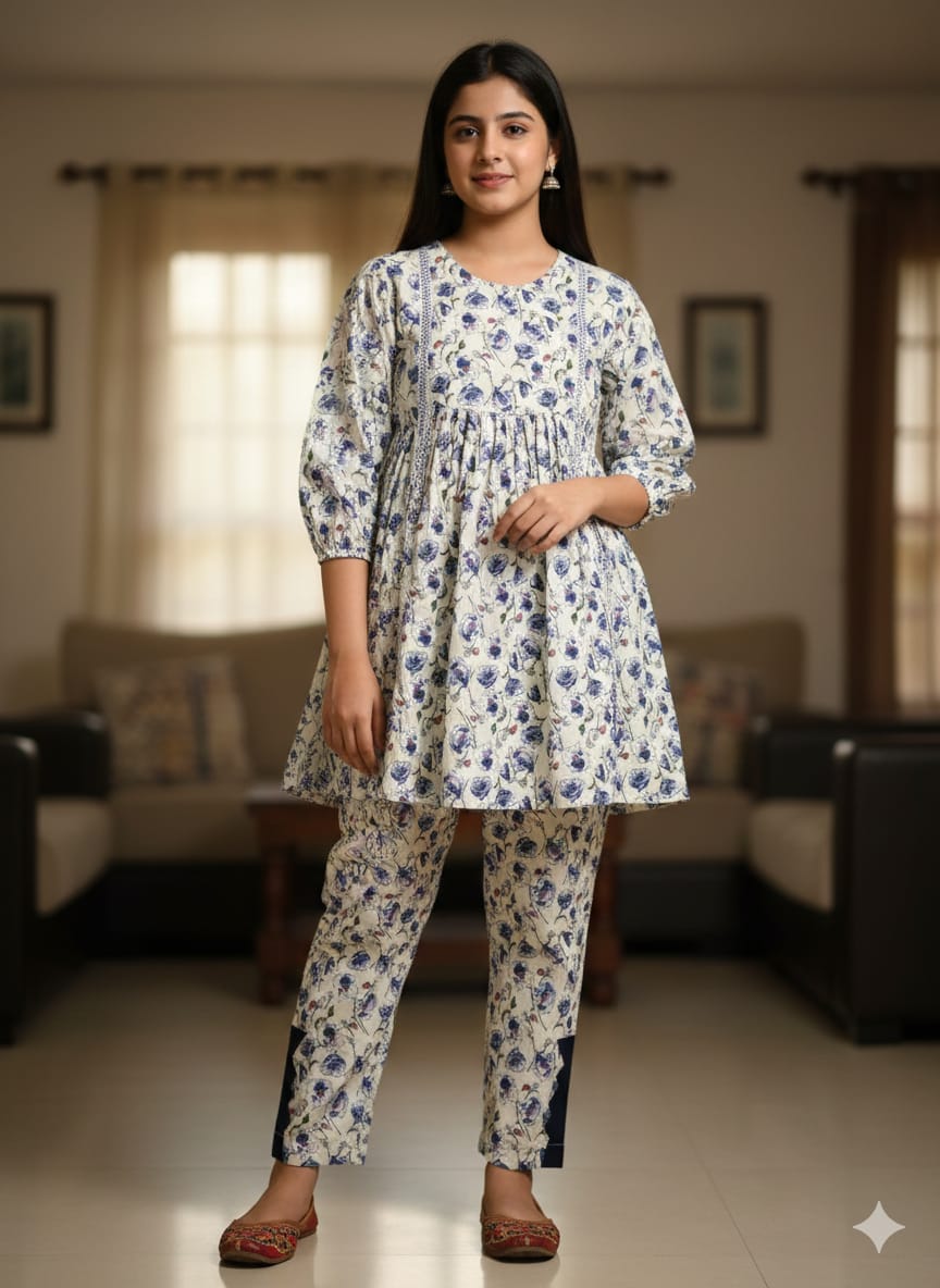 Blue Flower All Over Print Left & Side Lase Cream Suit Women ( R-377 )