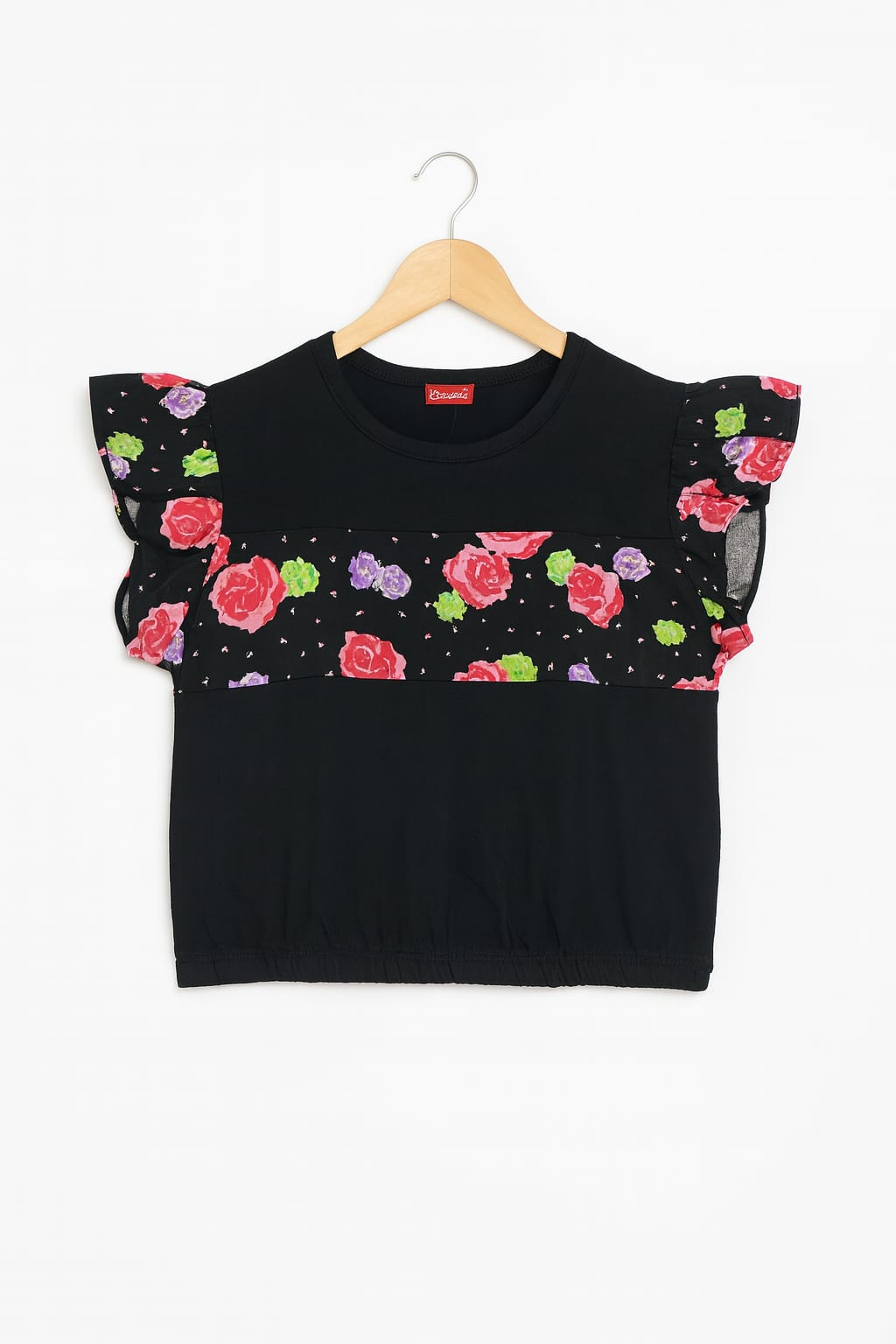 (Short Length)Red Rose Arms Frill Black  T-Shirt Girls ( R-414 )