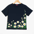 Daisy Flower From Side Black T-Shirt Girls ( R-390 )