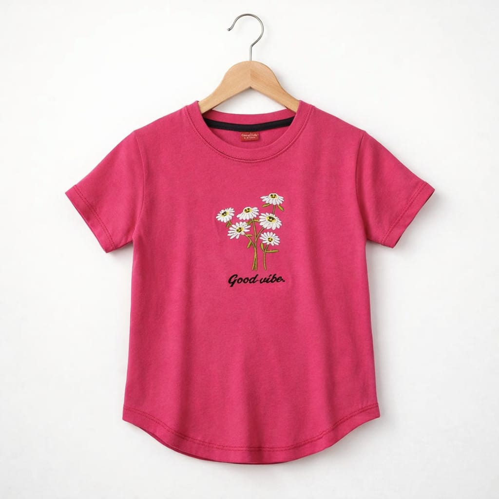 Good Vibes Embroidery Pink T-Shirt Girls R-414