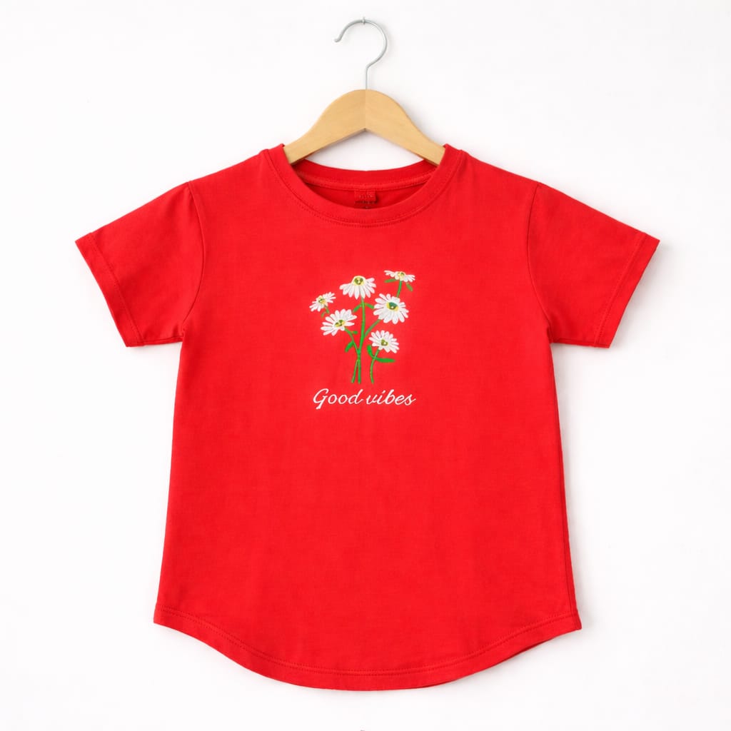 Good Vibes Embroidery Red T-Shirt Girls ( R-390 )