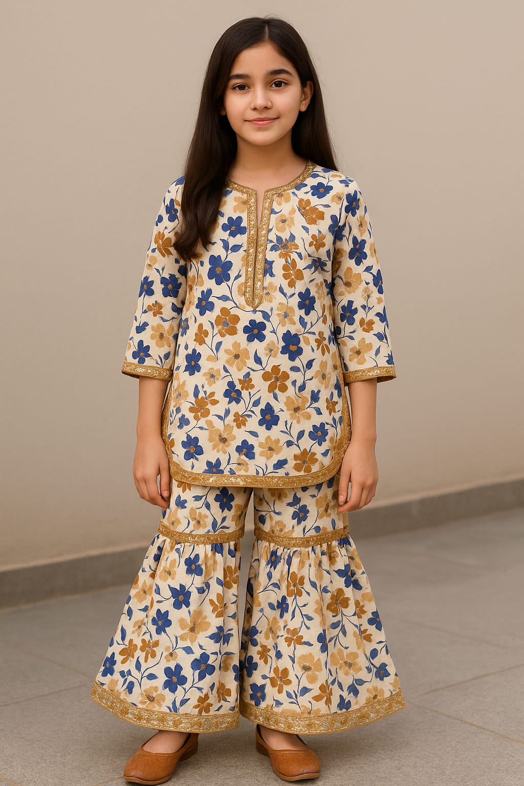 Blue & Brown Flower White Gharara Suit Girls ( R-330 )