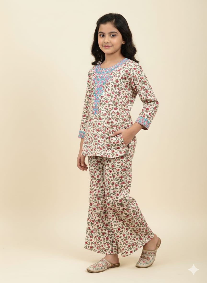 Rose & Leaves All Over Print Pair Girls ( R-354 )