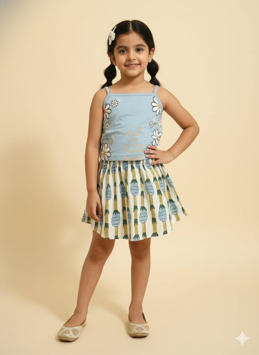 Side Print Flower Sky Skirt Suit Girls ( R-392 )