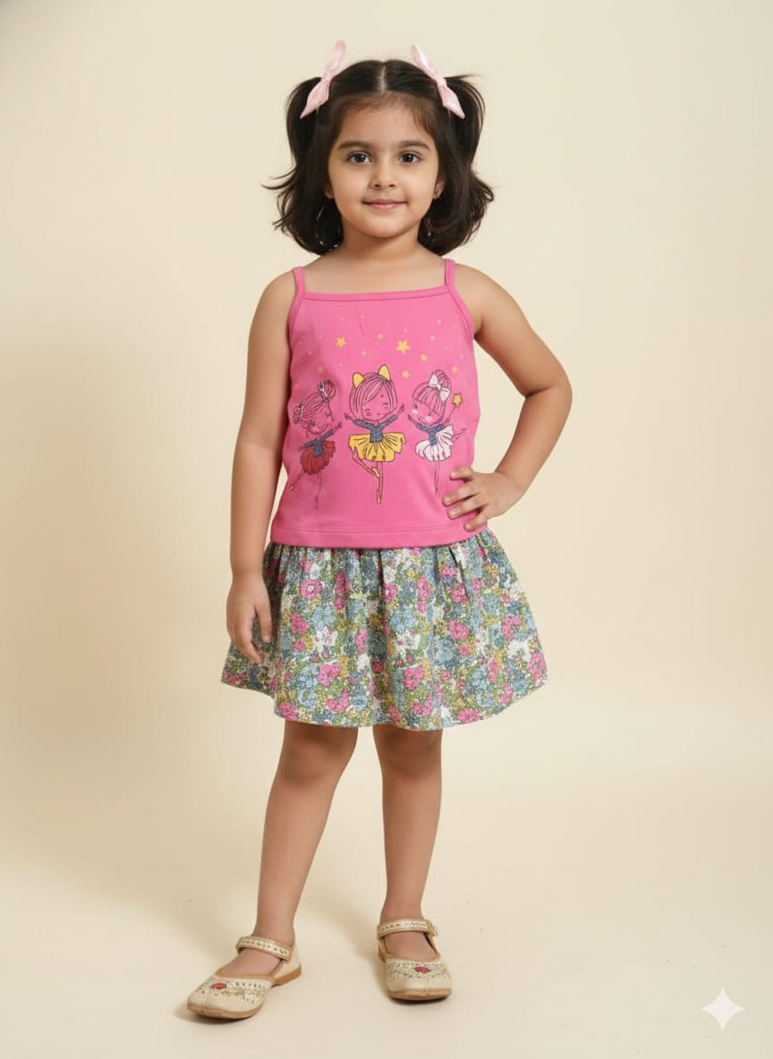 Three Doll Print Pink Skirt Suit Girls ( R-392 )
