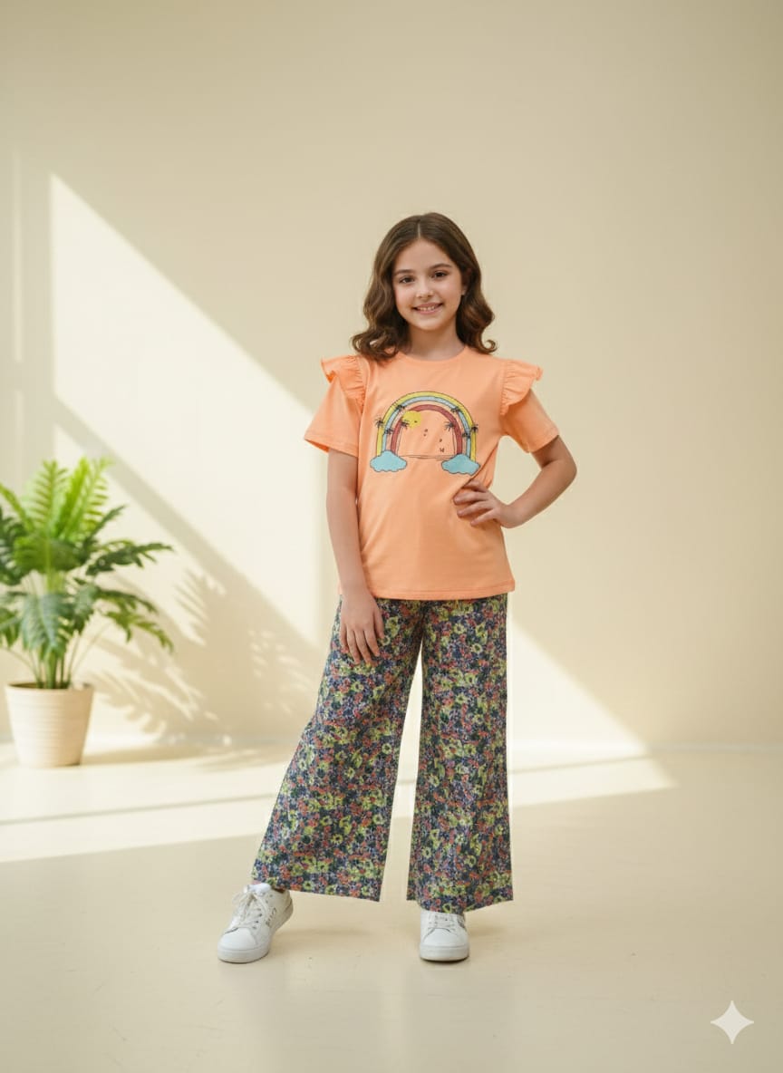 Rainbow Print Orange T-Shirt & Flapper Girls ( R-534 )