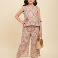 Pink Flower Leaves Sleeveless Cream Frock Girls ( R-448-455 )