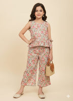 Pink Flower Leaves Sleeveless Cream Frock Girls ( R-448-455 )