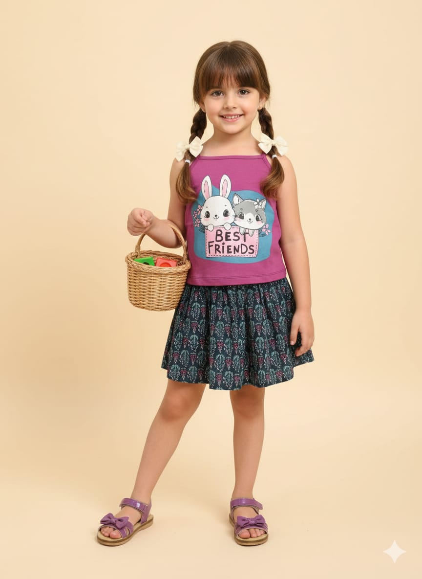 Rabbit Print Dark Pink Skirt Suit Girls ( R-533 )