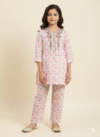 Embroidery Yellow Pink Flower White Pair Girls ( R-472 )