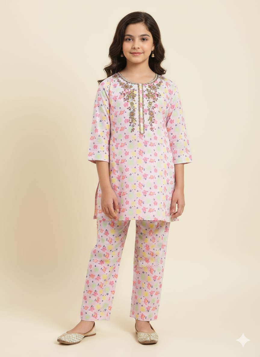 Embroidery Yellow Pink Flower White Pair Girls ( R-472 )