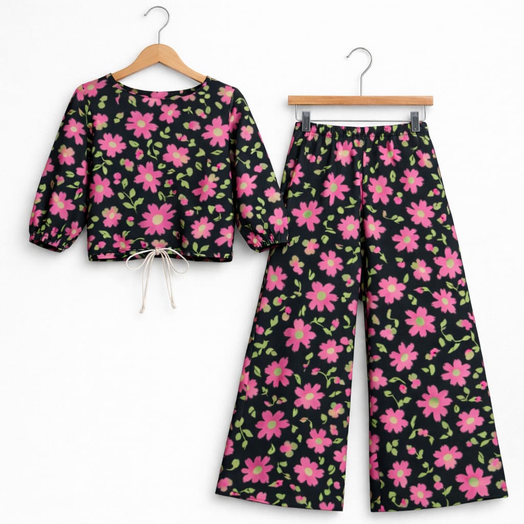 Pink Flowers & Green Leaves FS Black Skate Fish Girls ( R-522 )