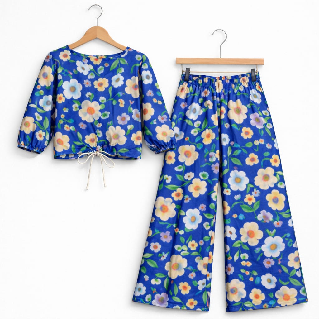 White Sun Flower Full Sleeve Royal Blue Skate Fish Girls ( R-522 )