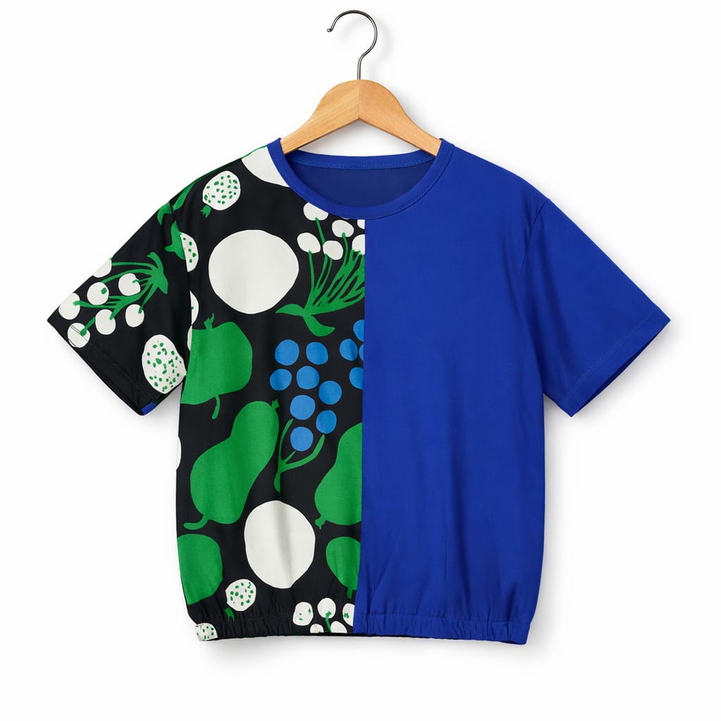 (Short Length)Blueberry Plain & Side Print Royal Blue  T-Shirt Girls ( R-406 )