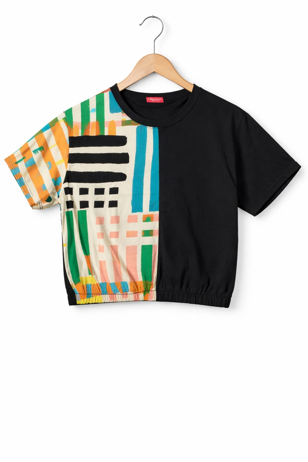 (Short Length)Multi Line From Side Print Black  T-Shirt Girls ( R-336 N)