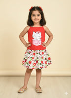 Cute Kitty Print Red Skirt Suit Girls ( R-529 )