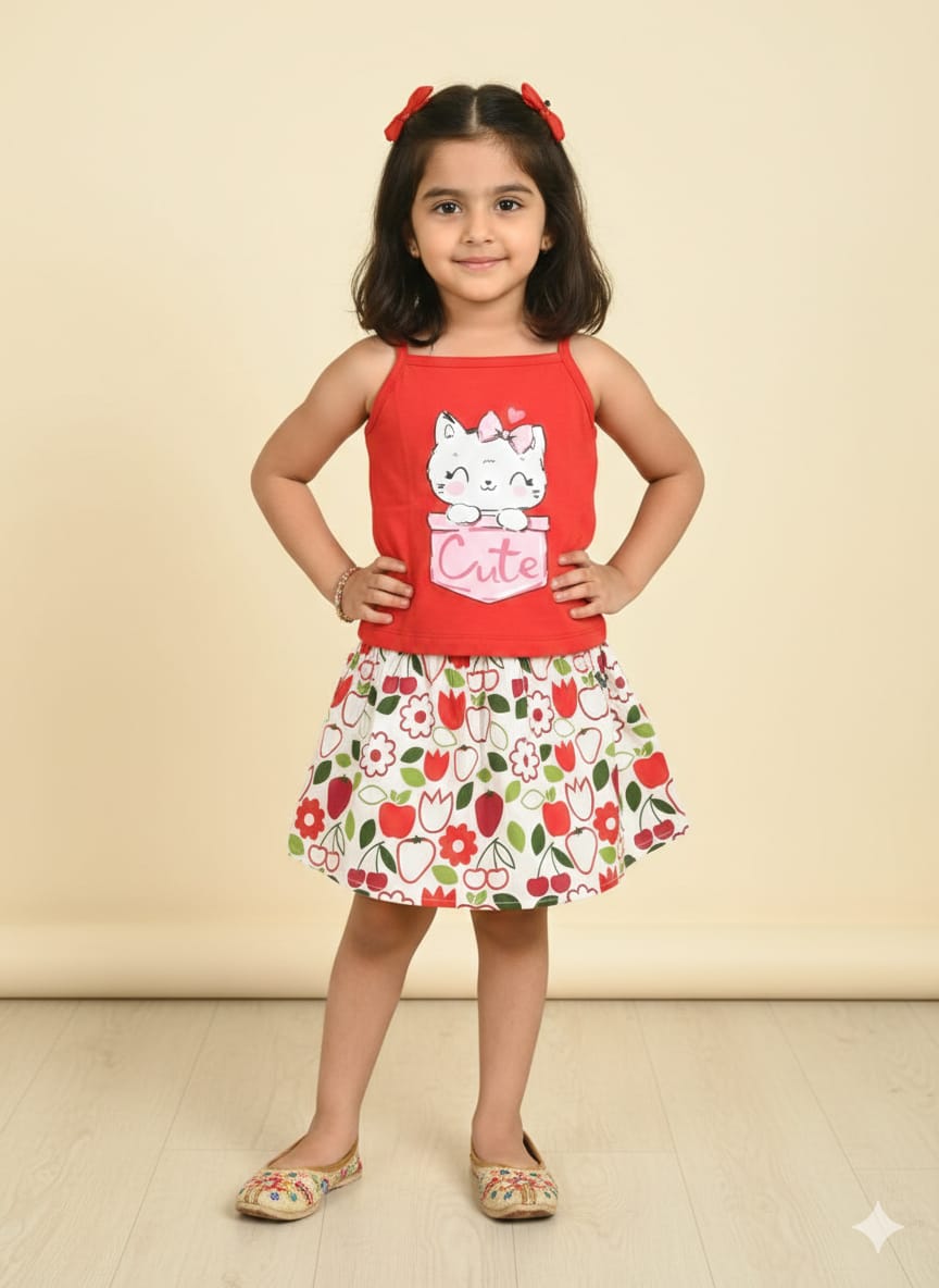 Cute Kitty Print Red Skirt Suit Girls ( R-529 )